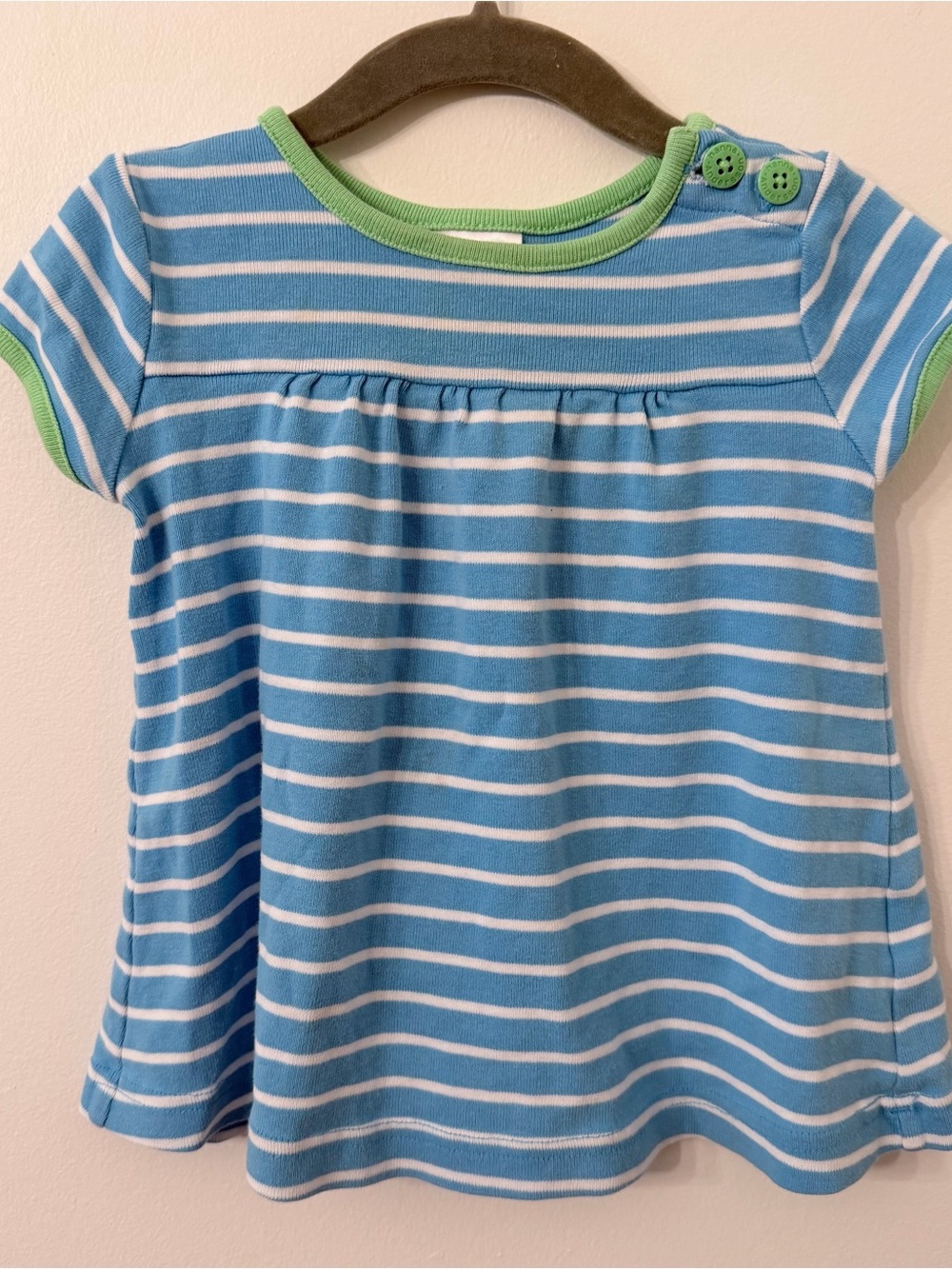 Hanna Andersson Blue & White Striped Short-Sleeve Dress with Green Trim